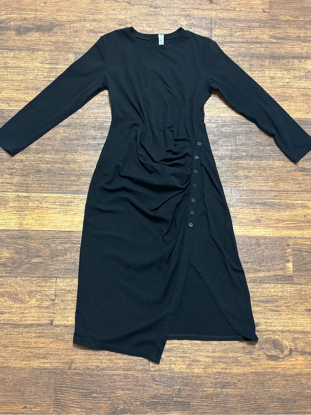 Black Long-Sleeve Ruched Side-Button Midi Dress